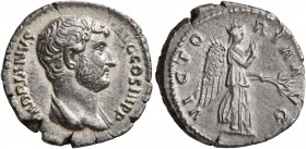 Hadrian, 117-138. Denarius (Silver, 18 mm, 2.87 g, 6 h), Rome, 136. HADRIANVS AVG COS III P P Bare head of Hadrian to right with slight drapery on bot...