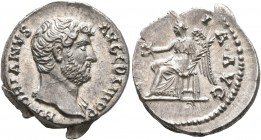 Hadrian, 117-138. Denarius (Silver, 17 mm, 3.53 g, 6 h), Rome, 136. HADRIANVS AVG COS III P P Bare head of Hadrian to right, with slight drapery on hi...