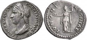 Sabina, Augusta, 128-136/7. Denarius (Silver, 18 mm, 3.01 g, 7 h), Rome. SABINA AVGVSTA HADRIANI AVG P P Diademed and draped bust of Sabina to left. R...