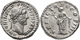 Antoninus Pius, 138-161. Denarius (Silver, 17 mm, 3.21 g, 12 h), Rome, 160-161. ANTONINVS AVG PIVS P P TR P XXIIII Laureate head of Antoninus Pius to ...
