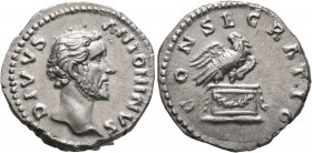 Divus Antoninus Pius, died 161. Denarius (Silver, 19 mm, 3.24 g, 1 h), Rome, struck under Marcus Aurelius. DIVVS ANTONINVS Bare head of Divus Antoninu...