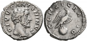 Divus Antoninus Pius, died 161. Denarius (Silver, 18 mm, 3.35 g, 7 h), Rome, struck under Marcus Aurelius. DIVVS ANTONINVS Bare head of Divus Antoninu...