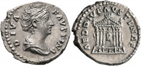 Diva Faustina Senior, died 140/1. Denarius (Silver, 18 mm, 3.18 g, 5 h), Rome. DIVA FAVSTINA Draped bust of Diva Faustina to right. Rev. AED DIV FAVST...