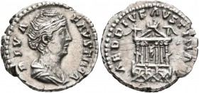 Diva Faustina Senior, died 140/1. Denarius (Silver, 18 mm, 3.49 g, 12 h), Rome. DIVA FAVSTINA Draped bust of Diva Faustina to right. Rev. AED DIV FAVS...