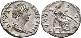 Diva Faustina Senior, died 140/1. Denarius (Silver, 17 mm, 3.58 g, 6 h), Rome. DIVA FAVSTINA Draped bust of Diva Faustina Senior to right. Rev. AVGVST...