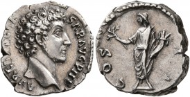 Marcus Aurelius, as Caesar, 139-161. Denarius (Silver, 18 mm, 3.38 g, 12 h), Rome, circa 145-147. AVRELIVS CAESAR AVG PII F Bare head of Marcus Aureli...