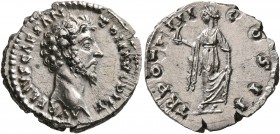Marcus Aurelius, as Caesar, 139-161. Denarius (Silver, 17 mm, 3.28 g, 12 h), Rome, 158-159. AVRELIVS CAES ANTON AVG PII F Bare head of Marcus Aurelius...