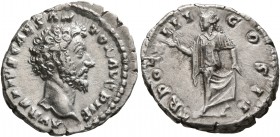 Marcus Aurelius, 161-180. Denarius (Silver, 18 mm, 3.19 g, 7 h), Rome, 158-159. AVRELIVS CAES ANTON AVG PII F Bare head of Marcus Aurelius to right. R...