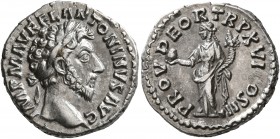 Marcus Aurelius, 161-180. Denarius (Silver, 18 mm, 3.22 g, 11 h), Rome, 161-162. IMP M AVREL ANTONINVS AVG Laureate head of Marcus Aurelius to right. ...