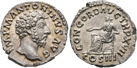 Marcus Aurelius, 161-180. Denarius (Silver, 18 mm, 3.50 g, 6 h), Rome, 162-163. IMP M ANTONINVS AVG Bare head of Marcus Aurelius to right. Rev. CONCOR...