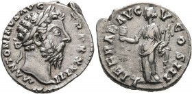 Marcus Aurelius, 161-180. Denarius (Silver, 19 mm, 3.25 g, 1 h), Rome, 168-169. M ANTONINVS AVG TR P XXIII Laureate head of Marcus Aurelius to right. ...