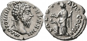 Marcus Aurelius, 161-180. Denarius (Silver, 18 mm, 3.27 g, 11 h), Rome, 169-170. M ANTONINVS AVG TR P XXIIII Laureate head of Marcus Aurelius to right...