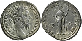 Marcus Aurelius, 161-180. Sestertius (Orichalcum, 33 mm, 26.93 g, 11 h), Rome, 179. M AVREL ANTONINVS AVG TR P XXXIII Laureate head of Marcus Aurelius...