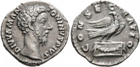 Divus Marcus Aurelius, died 180. Denarius (Silver, 18 mm, 3.14 g, 6 h), Rome, 180. DIVVS M ANTONINVS PIVS Bare head of Divus Marcus Aurelius to right....
