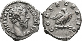 Divus Marcus Aurelius, died 180. Denarius (Silver, 18 mm, 3.35 g, 12 h), Rome, struck under Commodus, circa 180. DIVVS M ANTONINVS PIVS Bare head of D...