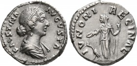Faustina Junior, Augusta, 147-175. Denarius (Silver, 17 mm, 3.33 g, 6 h), Rome. FAVSTINA AVGVSTA Draped bust of Faustina Junior to right. Rev. IVNONI ...