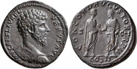 Lucius Verus, 161-169. Sestertius (Orichalcum, 32 mm, 24.14 g, 12 h), Rome, 162. IMP CAES L AVREL VERVS AVG Bare-headed and cuirassed bust of Lucius V...