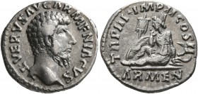 Lucius Verus, 161-169. Denarius (Silver, 17 mm, 3.14 g, 6 h), Rome, autumn-December 163. L VERVS AVG ARMENIACVS Bare head of Lucius Verus to right. Re...