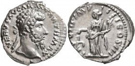 Lucius Verus, 161-169. Denarius (Silver, 19 mm, 3.39 g, 7 h), Rome, 168. L VERVS AVG ARM PARTH MAX Laureate head of Lucius Verus to right. Rev. TR P V...