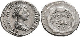 Lucilla, Augusta, 164-182. Denarius (Silver, 19 mm, 3.25 g, 5 h), Rome. LVCILLAE AVG ANTONINI AVG F Draped bust of Lucilla to right. Rev. VOTA / PVBLI...