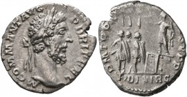 Commodus, 177-192. Denarius (Silver, 18 mm, 3.14 g, 11 h), Rome, 184-185. M COMM ANT AVG P BRIT FEL Laureate head of Commodus to right. Rev. P M TR P ...