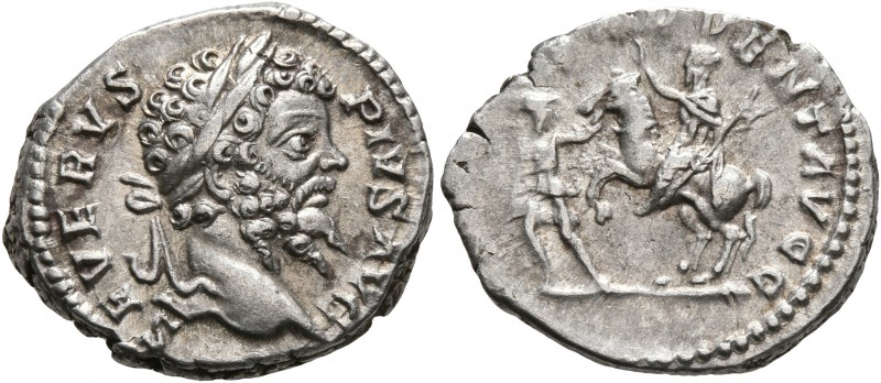 Septimius Severus, 193-211. Denarius (Silver, 19 mm, 3.48 g, 6 h), Rome, 201-202...