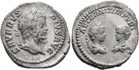 Septimius Severus, with Caracalla and Geta as Caesar, 193-211. Denarius (Silver, 20 mm, 3.00 g, 7 h), Rome, 201-202. SEVERVS PIVS AVG Laureate head of...