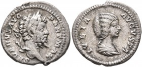 Septimius Severus, with Julia Domna, 193-211. Denarius (Silver, 19 mm, 3.15 g, 7 h), Rome, 202-205. SEVERVS AVG PART MAX Laureate head of Septimius Se...