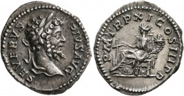 Septimius Severus, 193-211. Denarius (Silver, 19 mm, 3.35 g, 6 h), Rome, 203. SEVERVS PIVS AVG Laureate head of Septimius Severus to right. Rev. P M T...