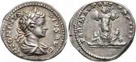 Caracalla, 198-217. Denarius (Silver, 19 mm, 3.43 g, 6 h), Rome, 201. ANTONINVS PIVS AVG Laureate and draped bust of Caracalla to right, seen from beh...