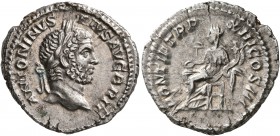 Caracalla, 198-217. Denarius (Silver, 20 mm, 3.79 g, 12 h), Rome, 210. ANTONINVS PIVS AVG BRIT Laureate head of Caracalla to right. Rev. PONTIF TR P X...