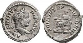 Caracalla, 198-217. Denarius (Silver, 20 mm, 3.50 g, 1 h), Rome, 210. ANTONINVS PIVS AVG BRIT Laureate head of Caracalla to right. Rev. PONTIF TR P XI...