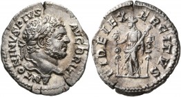 Caracalla, 198-217. Denarius (Silver, 19 mm, 3.17 g, 12 h), Rome, 210-213. ANTONINVS PIVS AVG BRIT Laureate head of Caracalla to right. Rev. FIDEI EXE...