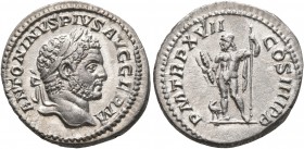 Caracalla, 198-217. Denarius (Silver, 19 mm, 3.39 g, 6 h), Rome, 214. ANTONINVS PIVS AVG GERM Laureate head of Caracalla to right. Rev. P M TR P XVII ...