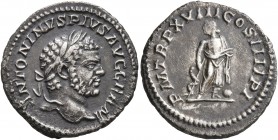 Caracalla, 198-217. Denarius (Silver, 19 mm, 3.28 g, 7 h), Rome, 215. ANTONINVS PIVS AVG GERM Laureate head of Caracalla to right. Rev. P M TR P XVIII...