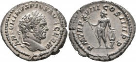 Caracalla, 198-217. Denarius (Silver, 20 mm, 3.85 g, 12 h), Rome, 215. ANTONINVS PIVS AVG GERM Laureate head of Caracalla to right. Rev. P M TR P XVII...