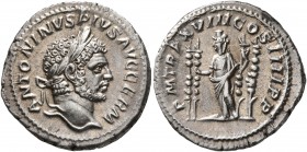 Caracalla, 198-217. Denarius (Silver, 19 mm, 3.19 g, 1 h), Rome, 215. ANTONINVS PIVS AVG GERM Laureate head of Caracalla to right. Rev. P M TR P XVIII...