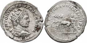 Caracalla, 198-217. Antoninianus (Silver, 24 mm, 4.22 g, 12 h), Rome, 215. ANTONINVS PIVS AVG GERM Radiate and cuirassed bust of Caracalla to right, s...