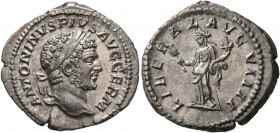 Caracalla, 198-217. Denarius (Silver, 20 mm, 3.19 g, 12 h), Rome, 215. ANTONINVS PIVS AVG GERM Laureate head of Caracalla to right. Rev. LIBERAL AVG V...