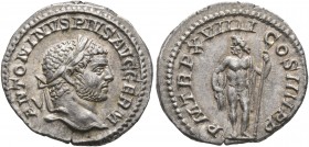 Caracalla, 198-217. Denarius (Silver, 19 mm, 3.17 g, 12 h), Rome, 216. ANTONINVS PIVS AVG GERM Laureate head of Caracalla to right. Rev. P M TR P XVII...