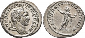 Caracalla, 198-217. Denarius (Silver, 20 mm, 3.17 g, 1 h), Rome, 216. ANTONINVS PIVS AVG GERM Laureate head of Caracalla to right. Rev. P M TR P XVIII...