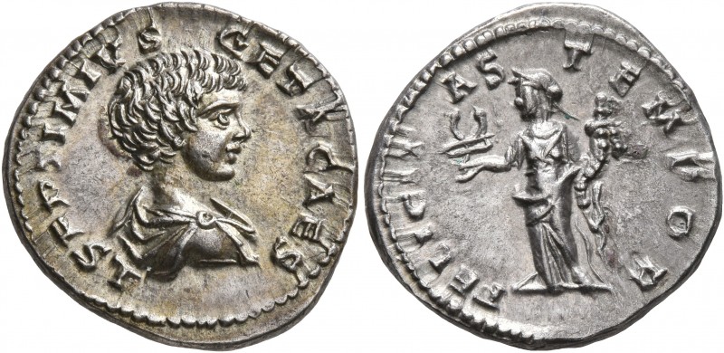 Geta, as Caesar, 198-209. Denarius (Silver, 19 mm, 3.63 g, 7 h), Laodicea, 198-2...