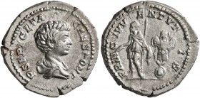 Geta, as Caesar, 198-209. Denarius (Silver, 20 mm, 3.38 g, 1 h), Rome, 200-202. P SEPT GETA CAES PONT Bare-headed and draped bust of Geta to right, se...