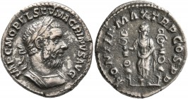 Macrinus, 217-218. Denarius (Silver, 20 mm, 3.24 g, 12 h), Rome, summer 217-early 218. IMP C M OPEL SEV MACRINVS AVG Laureate and cuirassed bust of Ma...