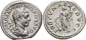 Elagabalus, 218-222. Denarius (Silver, 20 mm, 3.60 g, 7 h), Rome, 219. IMP ANTONINVS PIVS AVG Laureate, draped and cuirassed bust of Elagabalus to rig...