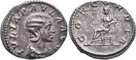 Julia Paula, Augusta, 219-220. Denarius (Silver, 19 mm, 2.92 g, 6 h), Rome. IVLIA PAVLA AVG Draped bust of Julia Paula to right. Rev. CONCORDIA Concor...