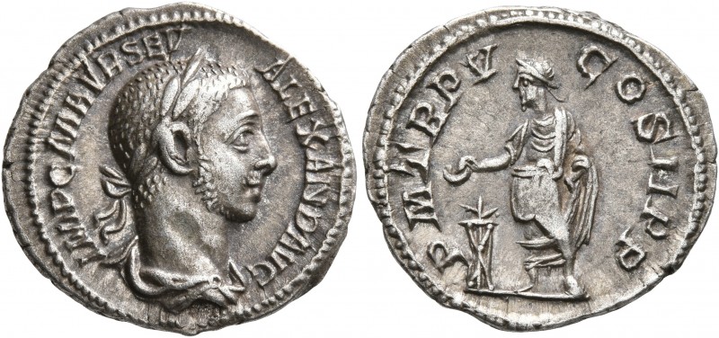 Severus Alexander, 222-235. Denarius (Silver, 19 mm, 3.00 g, 5 h), Rome, 225. IM...