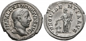 Severus Alexander, 222-235. Denarius (Silver, 20 mm, 3.28 g, 7 h), Rome, 232. IMP ALEXANDER PIVS AVG Laureate head of Severus Alexander to right, with...