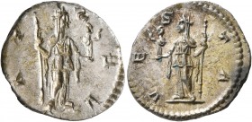 Julia Mamaea, Augusta, 222-235. Denarius (Silver, 19 mm, 2.87 g, 12 h), Rome. Incuse of reverse. Rev. VESTA Vesta standing front, head to left, holdin...
