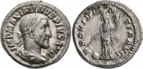 Maximinus I, 235-238. Denarius (Silver, 19 mm, 3.00 g, 12 h), Rome, 235-236. IMP MAXIMINVS PIVS AVG Laureate, draped and cuirassed bust of Maximinus I...